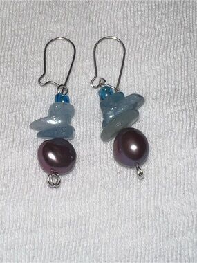 Hand Crafted Blue Glass and Purple Pearl Dangle Earrings
